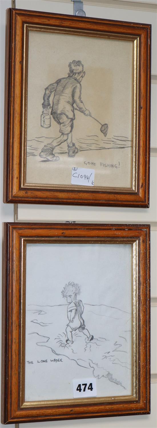 2 pencil caricatures, Gone Fishing and The Lone Wader, 19 x 14cm